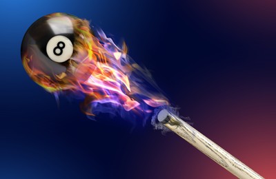 Image of Cue and billiard ball with number 8 in fire flying on color background