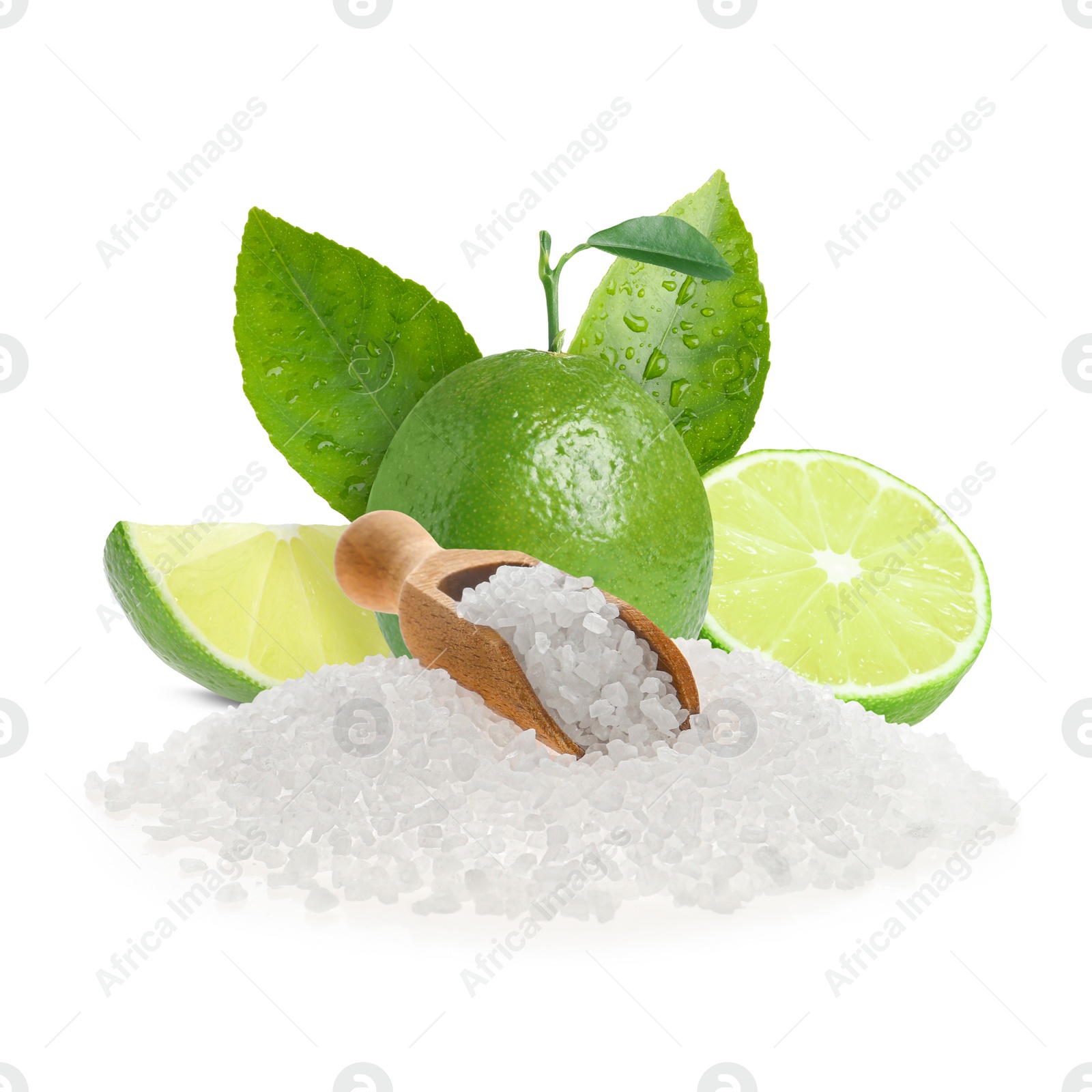 Image of Limes and salt isolated on white. Margarita cocktail ingredients