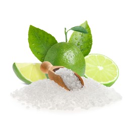 Image of Limes and salt isolated on white. Margarita cocktail ingredients