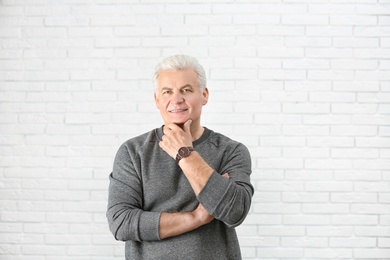 Portrait of handsome mature man near brick wall