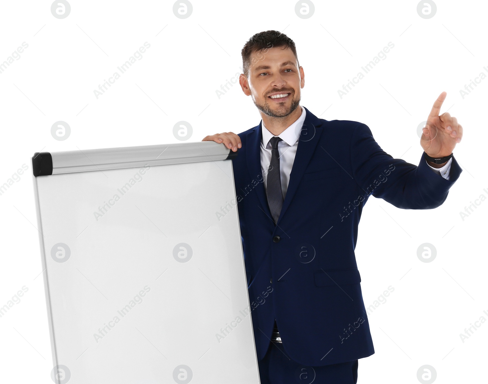 Photo of Professional business trainer near flip chart board on white background. Space for text