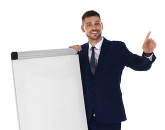 Photo of Professional business trainer near flip chart board on white background. Space for text