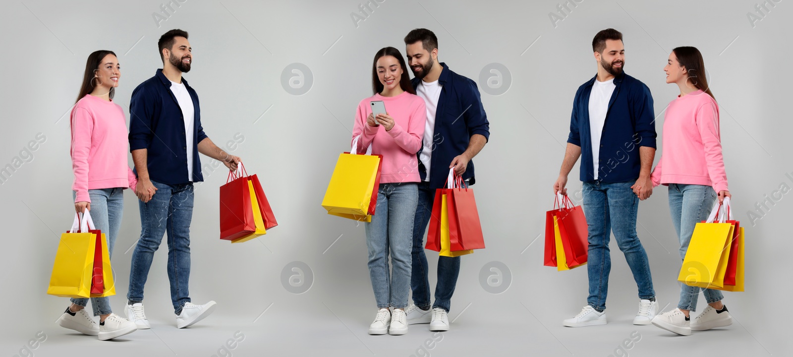 Image of Happy couple with shopping bags on grey background, set with photos
