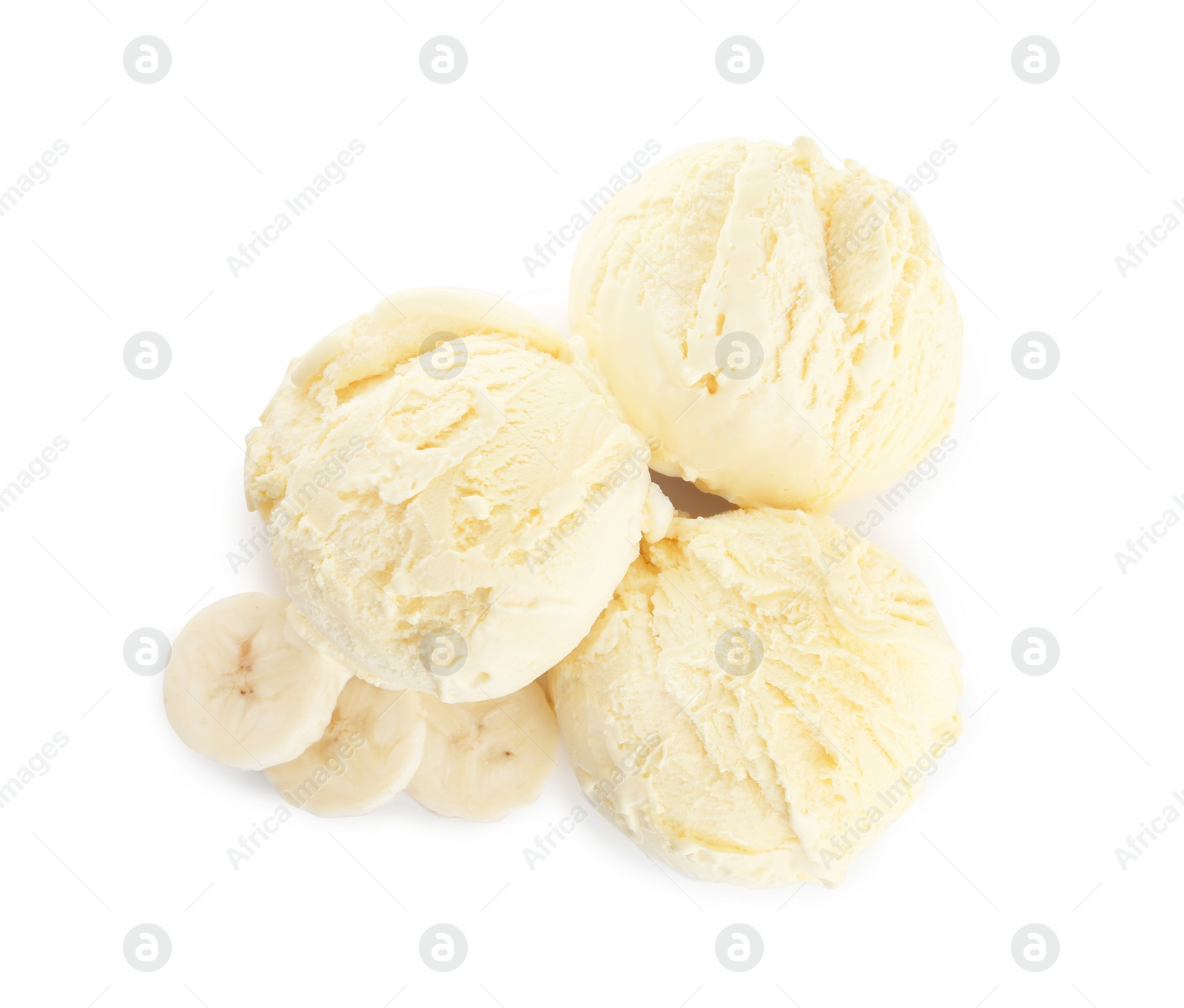 Photo of Delicious banana ice cream and fresh fruit on white background, top view