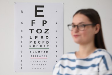 Young woman with glasses against vision test chart, selective focus