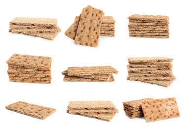 Set with fresh crunchy rye crispbreads on white background