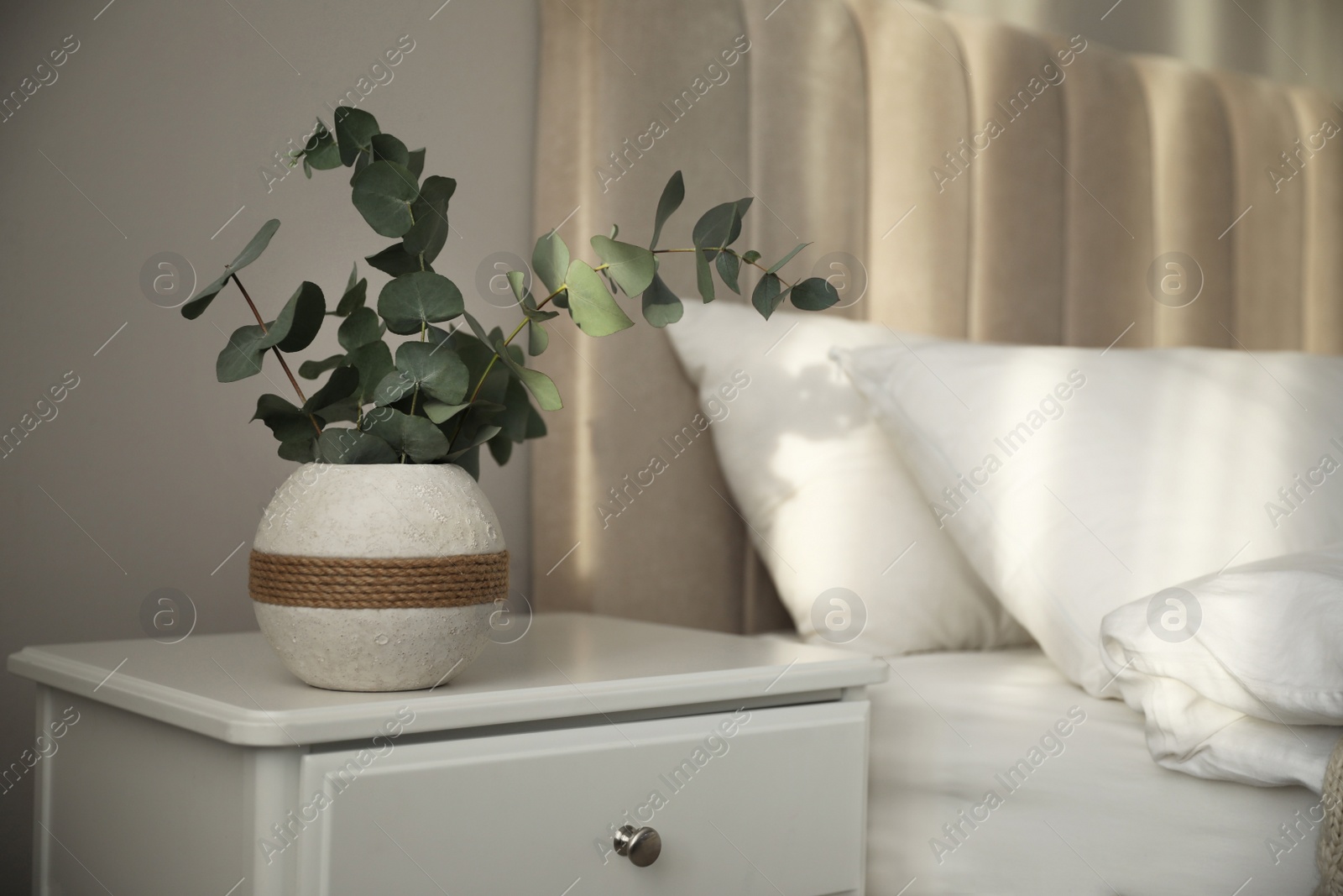 Photo of Vase with beautiful eucalyptus branches on nightstand in bedroom