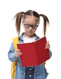 Photo of Cute little girl with backpack reading book on white background