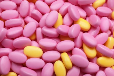 Many bright dragee candies as background, closeup