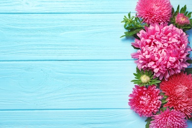 Photo of Beautiful aster flowers and space for text on wooden background, flat lay