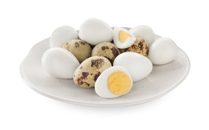 Unpeeled and peeled hard boiled quail eggs in plate on white background