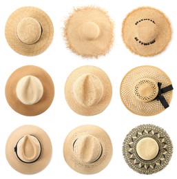 Image of Set with different straw hats on white background, top view. Stylish headdress