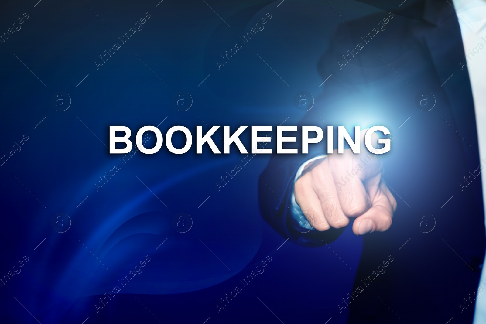 Image of Bookkeeping concept. Businessman pointing at word on dark blue background, closeup