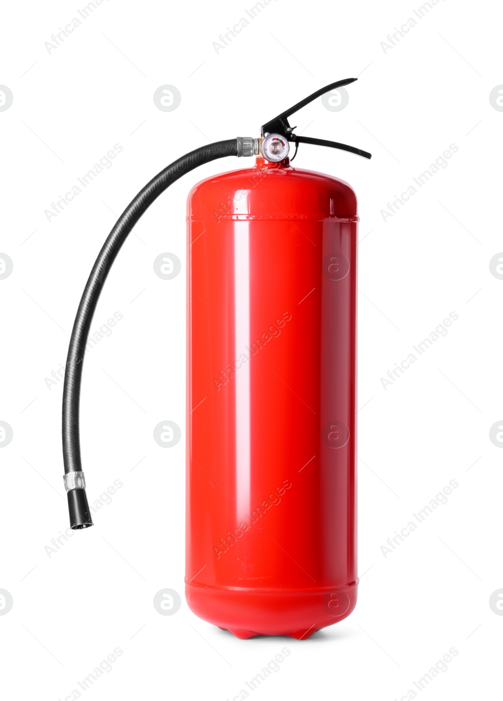 Photo of One red fire extinguisher on white background