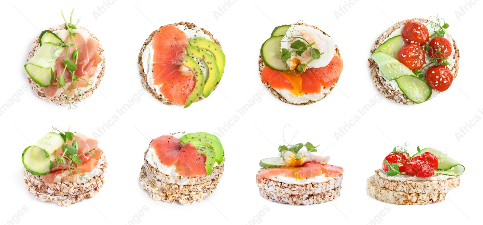 Image of Set of tasty crunchy puffed cakes with different toppings on white background. Banner design