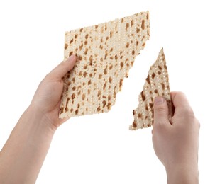 Photo of Woman with passover matzo on white background, closeup