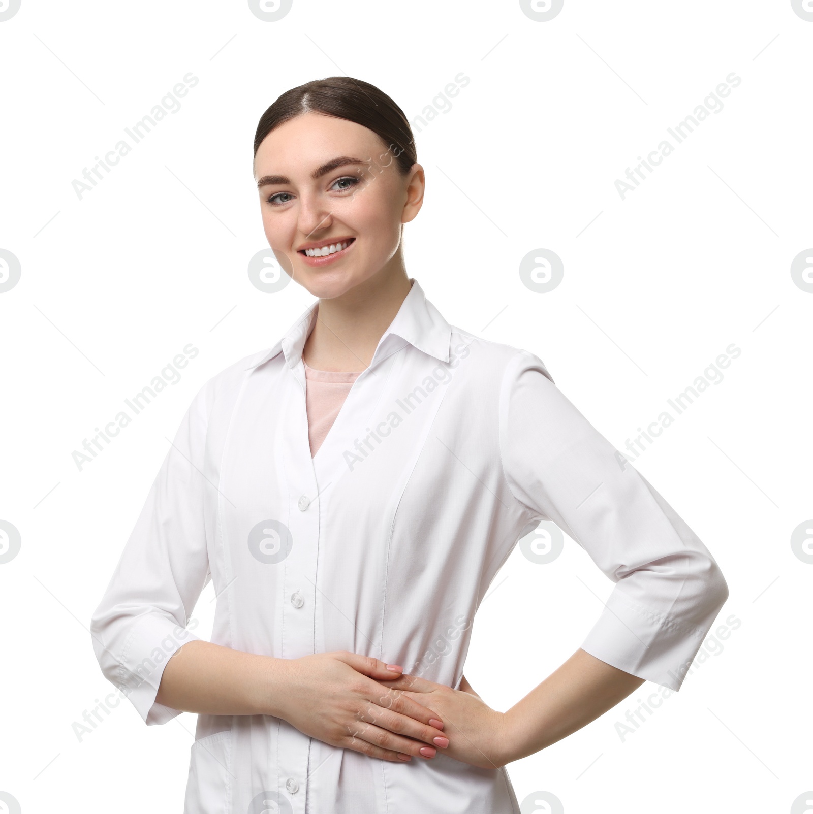 Photo of Cosmetologist in medical uniform on white background