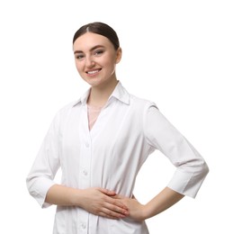 Photo of Cosmetologist in medical uniform on white background