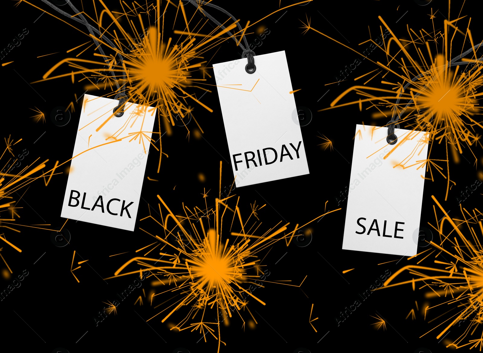 Image of Different tags on color background, flat lay. Black Friday 