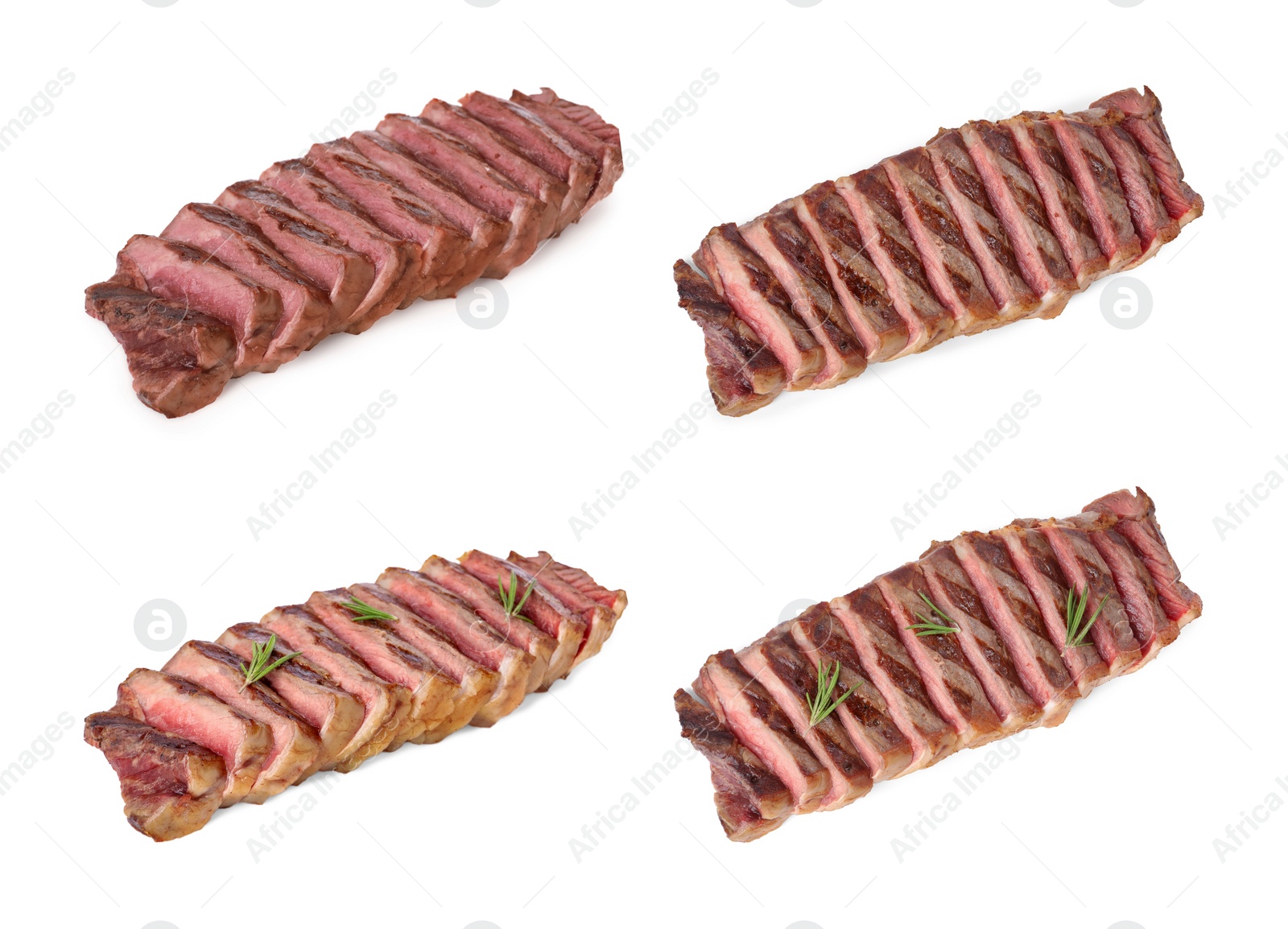 Image of Delicious grilled beef steaks isolated on white, top and side views