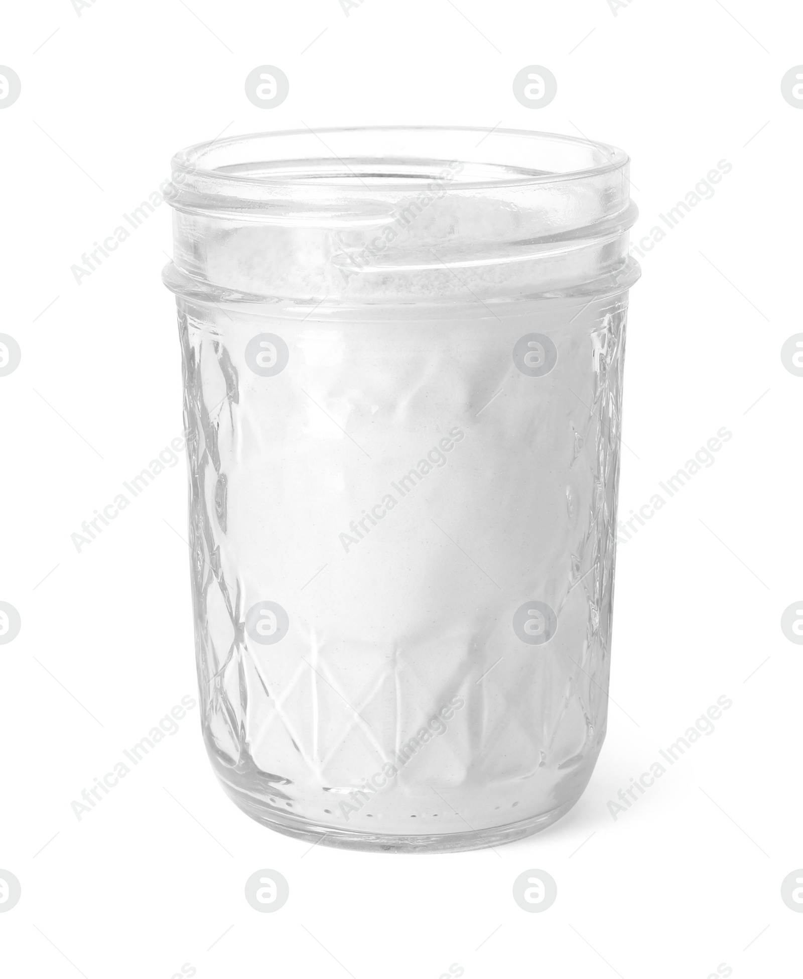 Photo of Baking powder in glass jar isolated on white