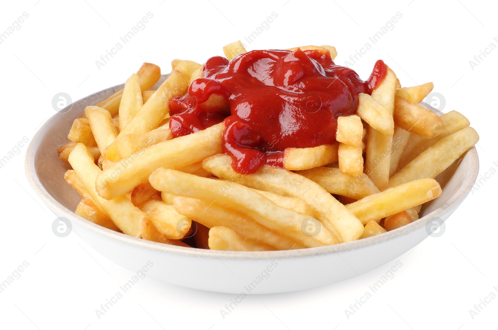 Photo of Bowl of tasty french fries with ketchup isolated on white