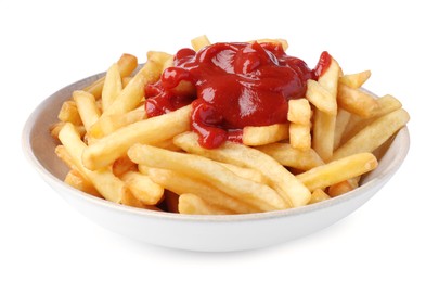 Photo of Bowl of tasty french fries with ketchup isolated on white