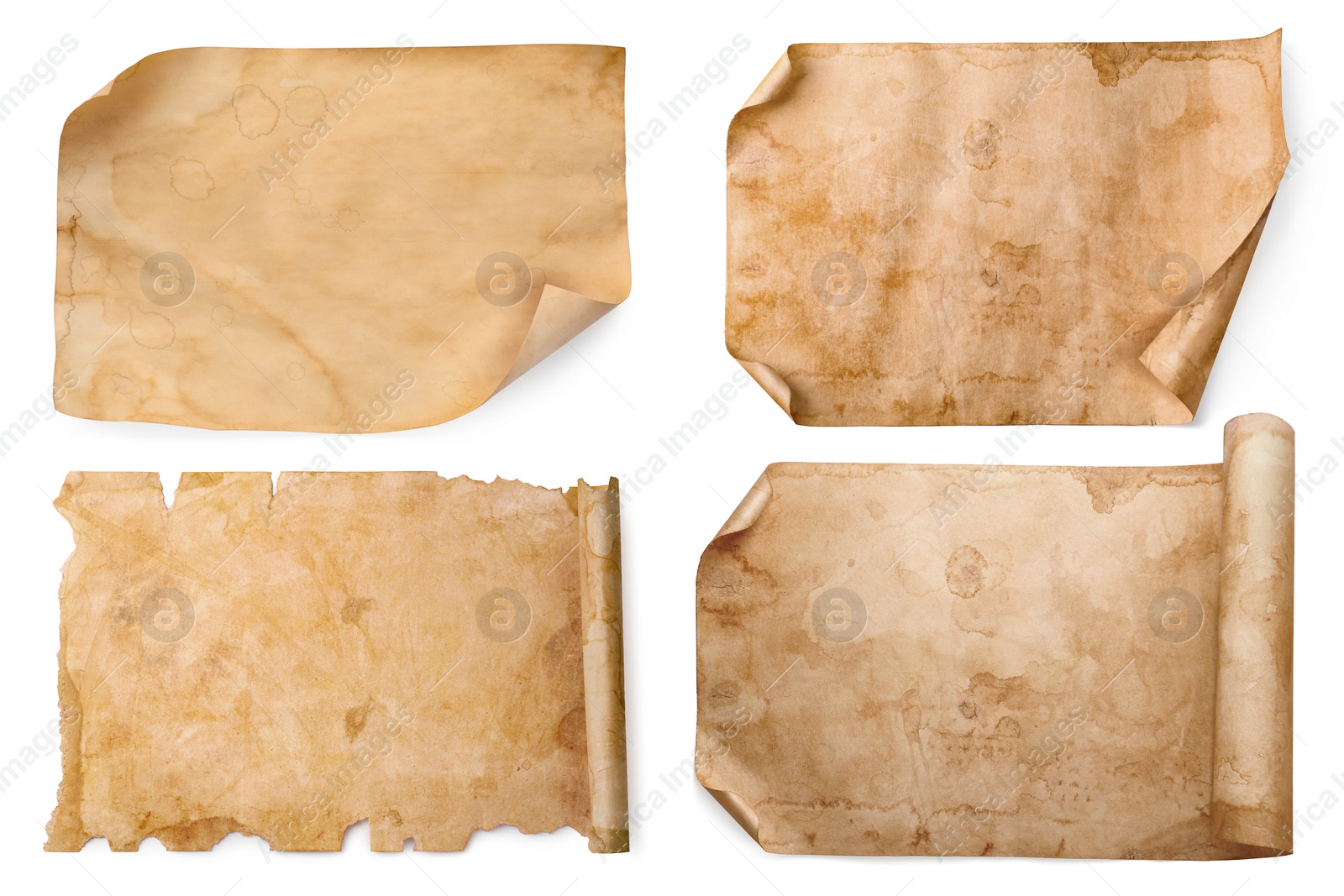 Image of Set with parchments isolated on white. Aged sheets of paper