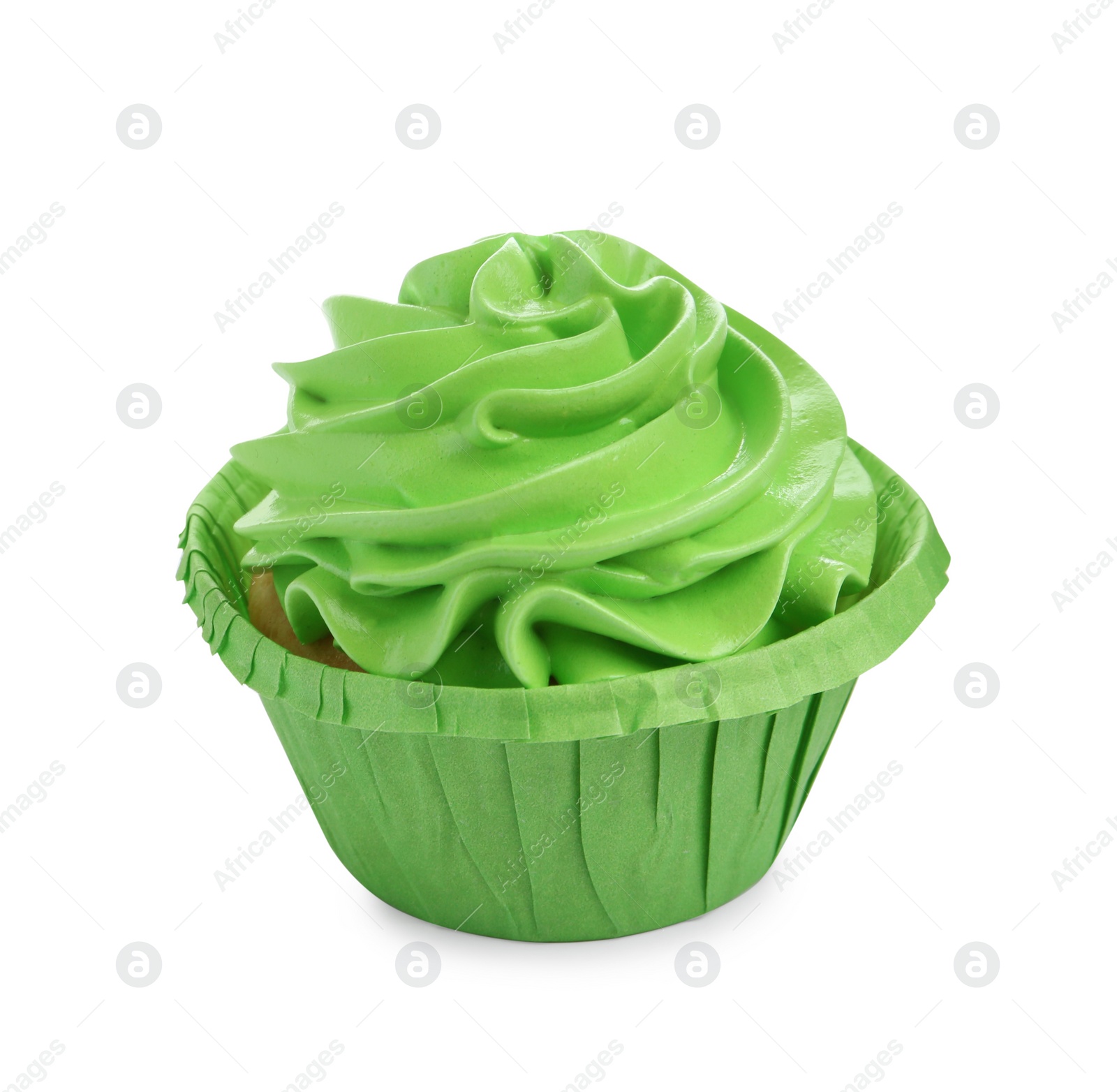 Photo of Tasty cupcake with green cream isolated on white