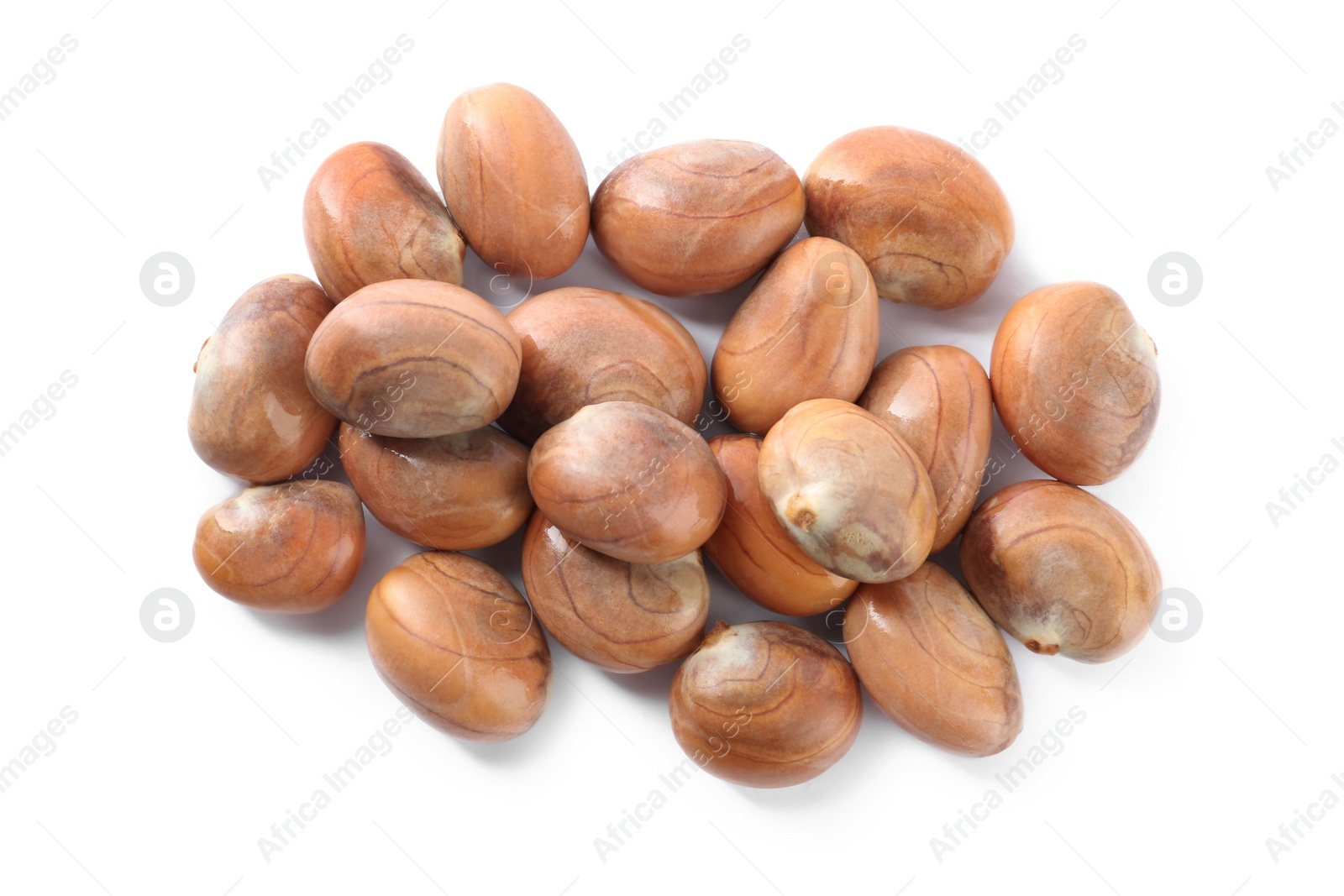 Photo of Many jackfruit seeds on white background, top view