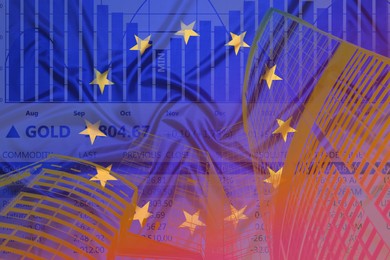 Image of Stock exchange. Multiple exposure with European flag, buildings, trading data and graph