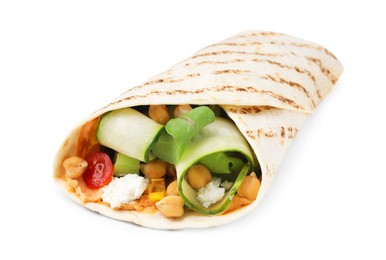 Photo of Delicious hummus wrap with vegetables isolated on white