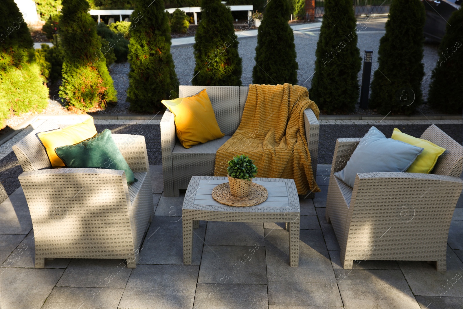 Photo of Beautiful rattan garden furniture, soft pillows, blanket and houseplant outdoors