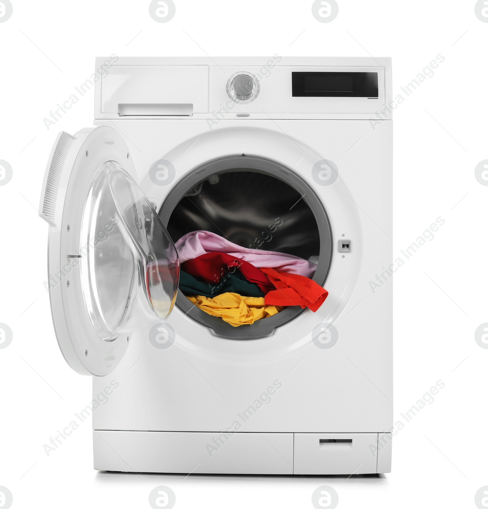 Photo of Modern washing machine with laundry on white background