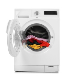 Photo of Modern washing machine with laundry on white background