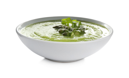 Photo of Delicious asparagus soup with arugula isolated on white