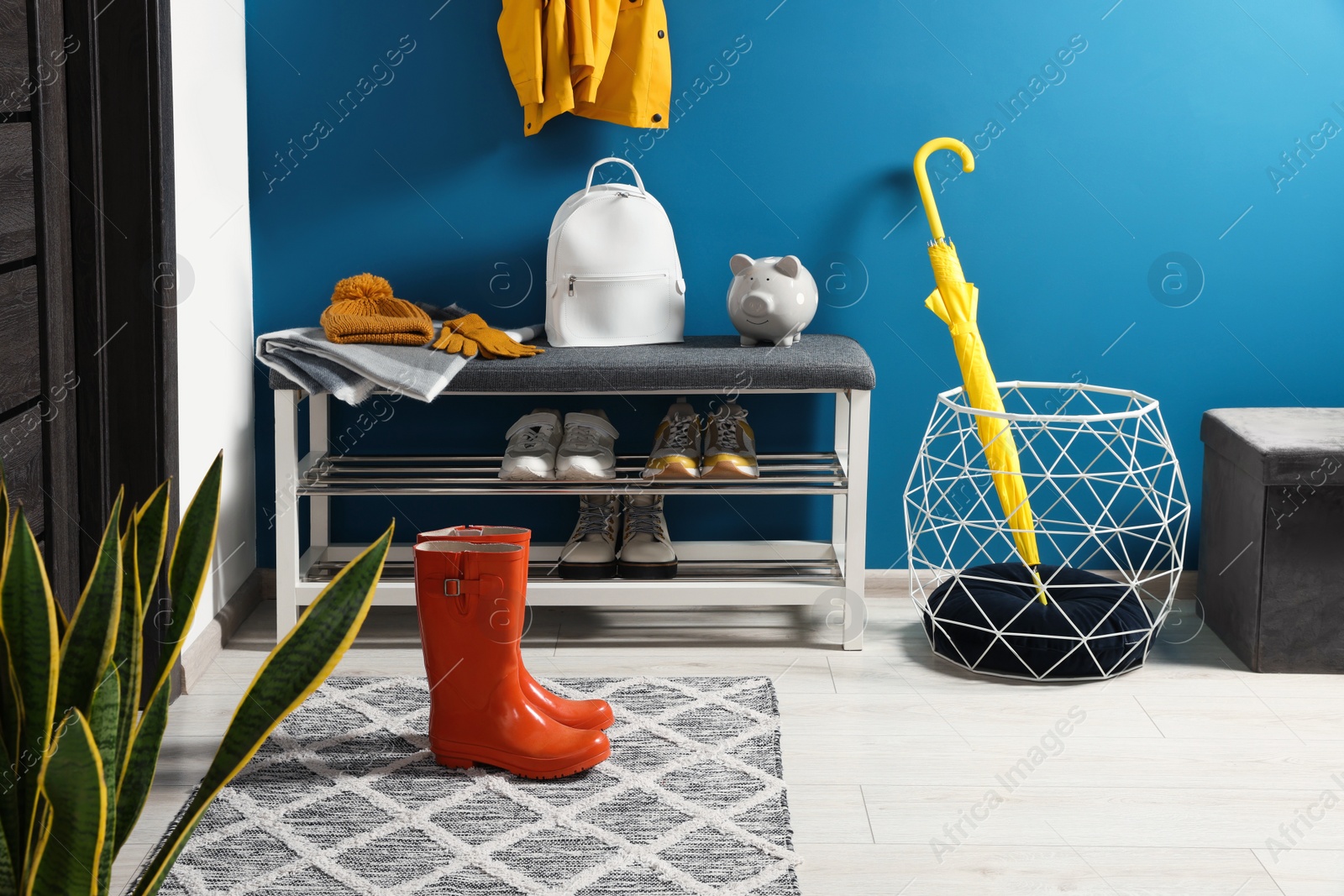 Photo of Stylish hallway with shoe storage bench near blue wall. Interior design