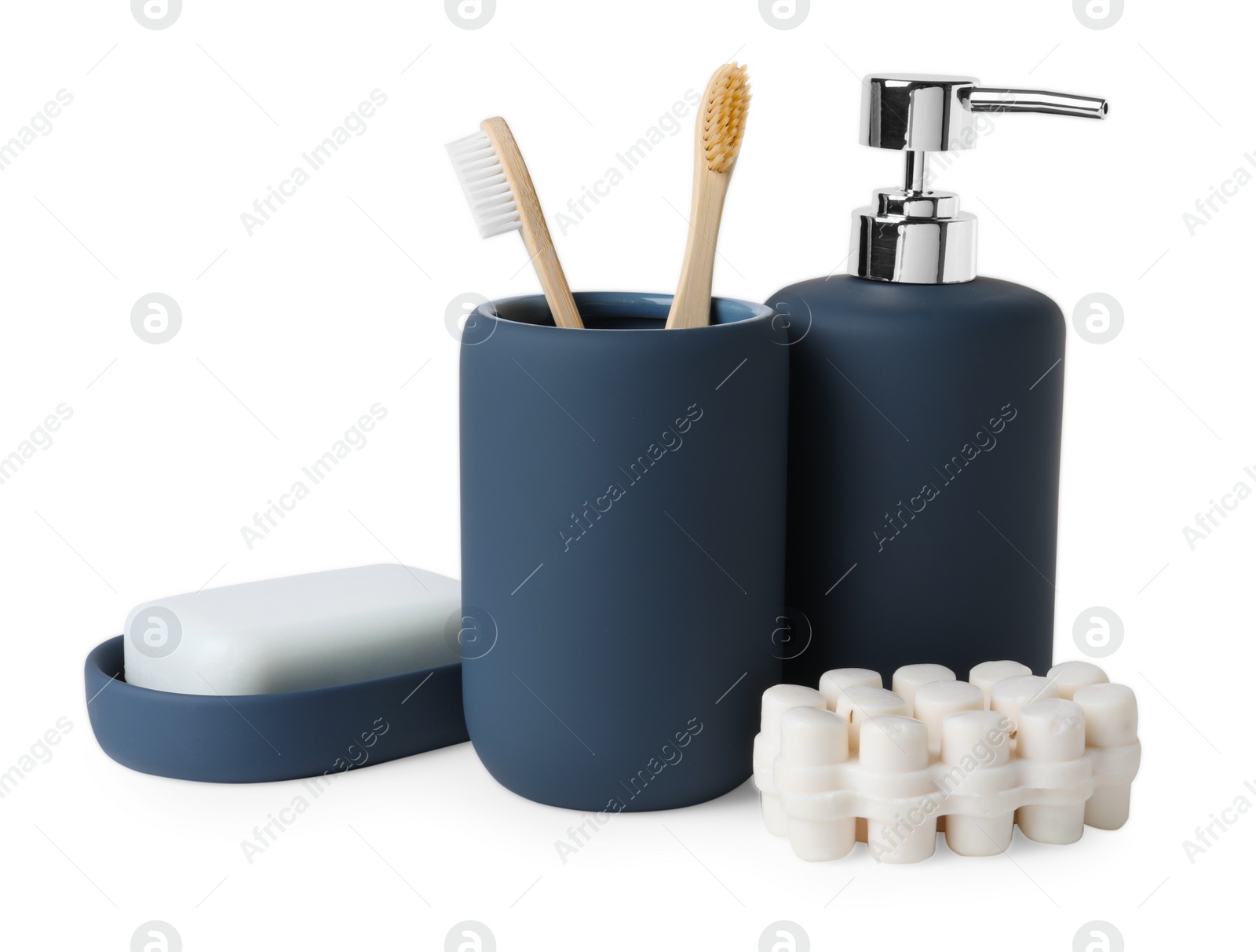 Photo of Bath accessories. Set of different personal care products isolated on white