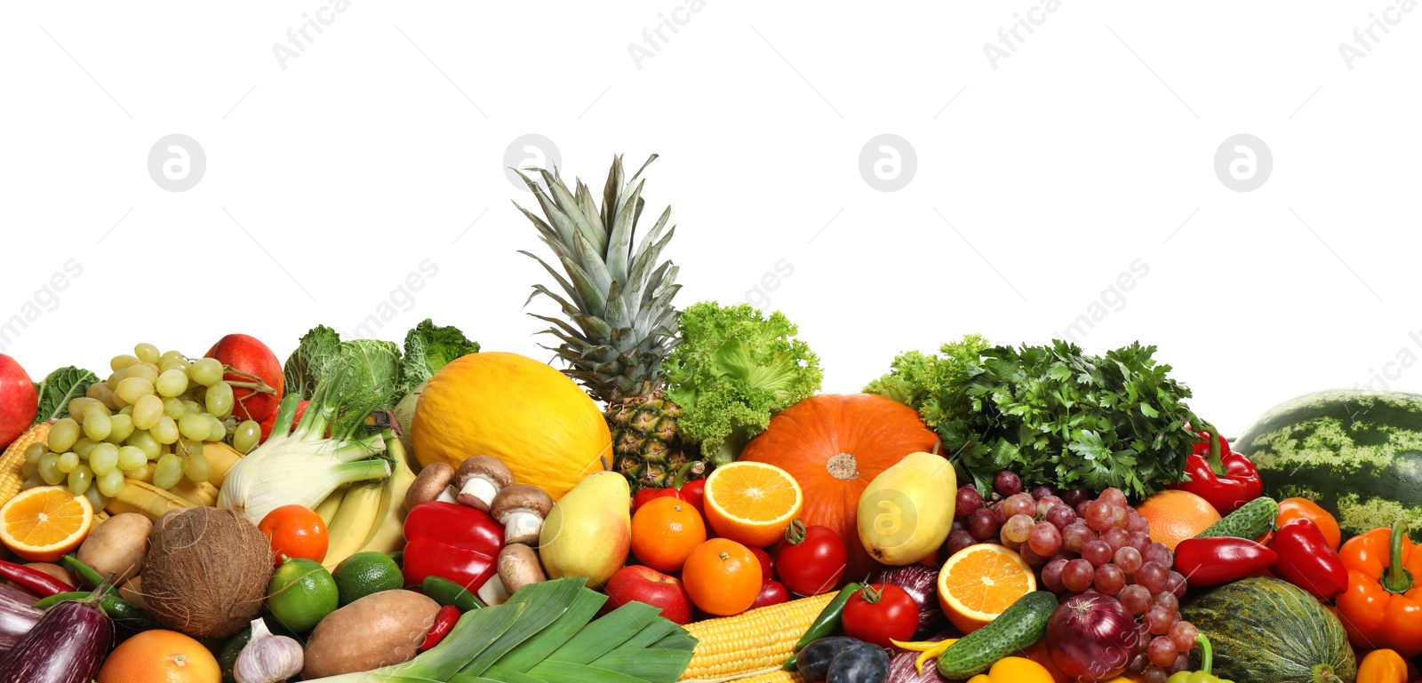 Photo of Assortment of fresh organic fruits and vegetables on white background. Banner design