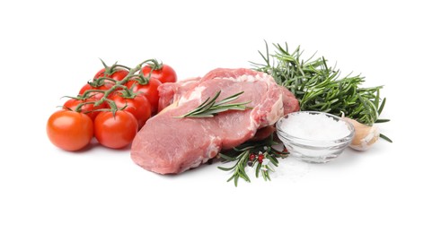 Photo of Fresh raw meat with rosemary, tomatoes and spices isolated on white