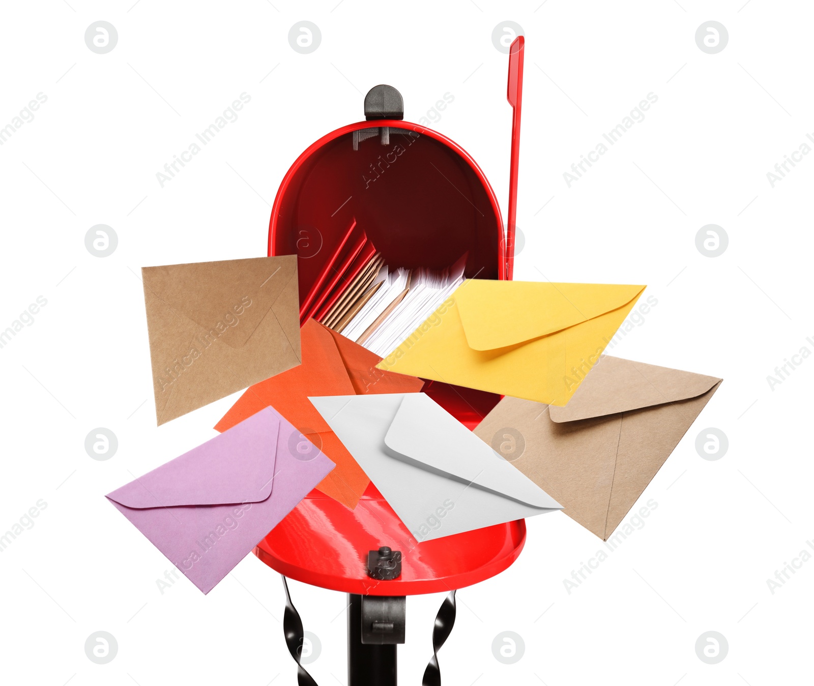 Image of Different color envelopes flying out from red letter box on white background