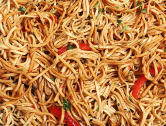 Photo of Closeup of delicious buckwheat noodles with vegetables