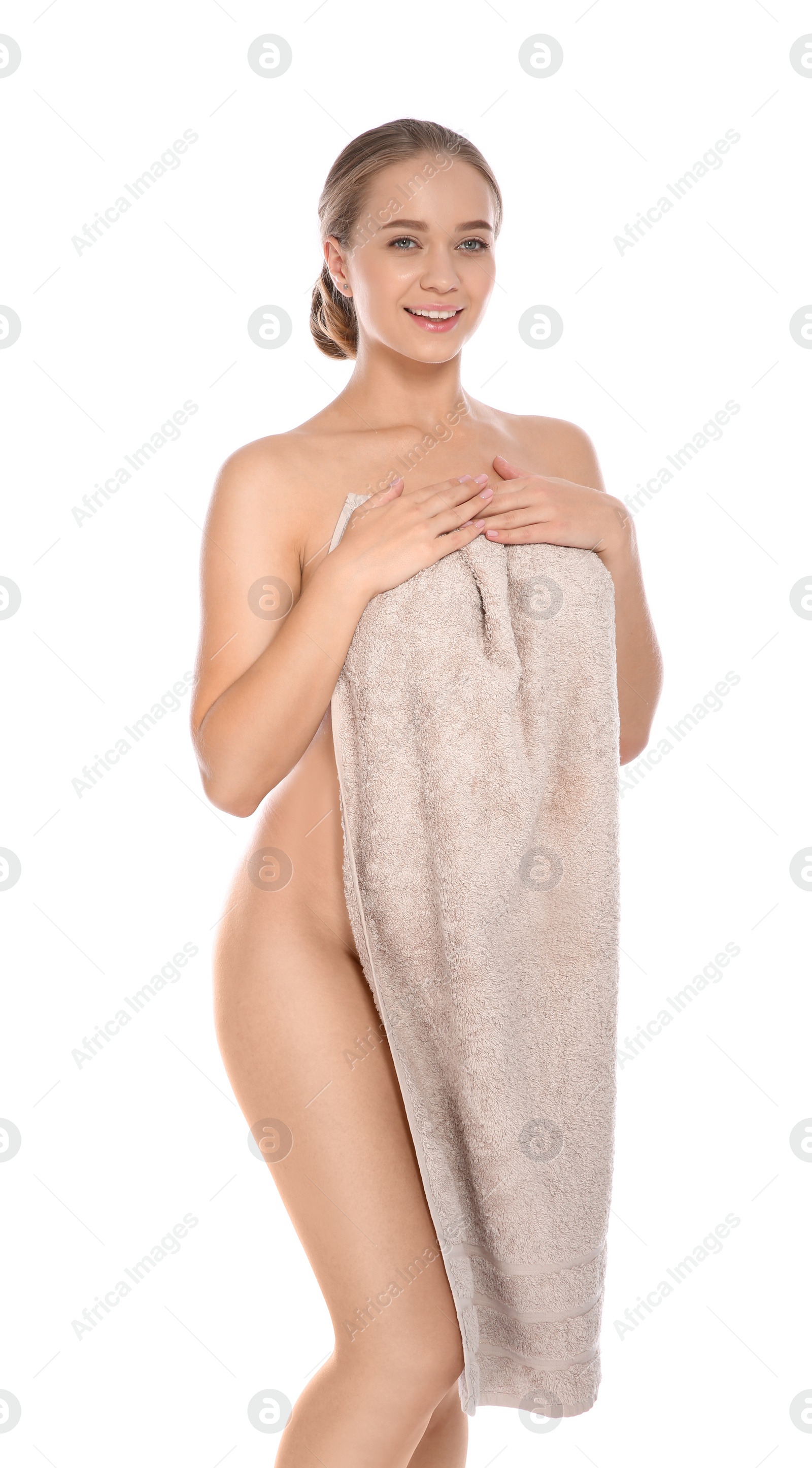 Photo of Portrait of young pretty woman with towel on white background