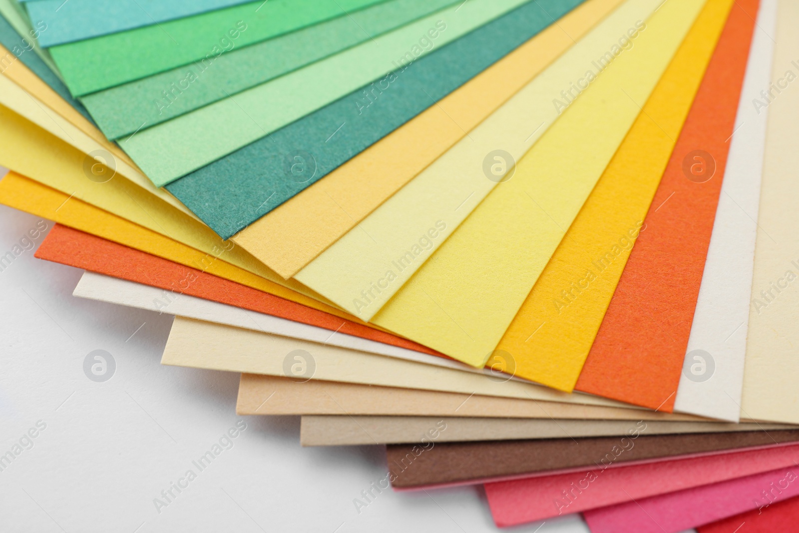 Photo of Color palette samples on white background, closeup