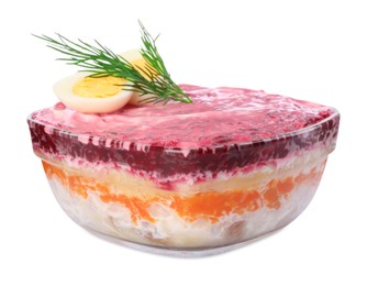 Photo of Herring under fur coat isolated on white. Traditional Russian salad