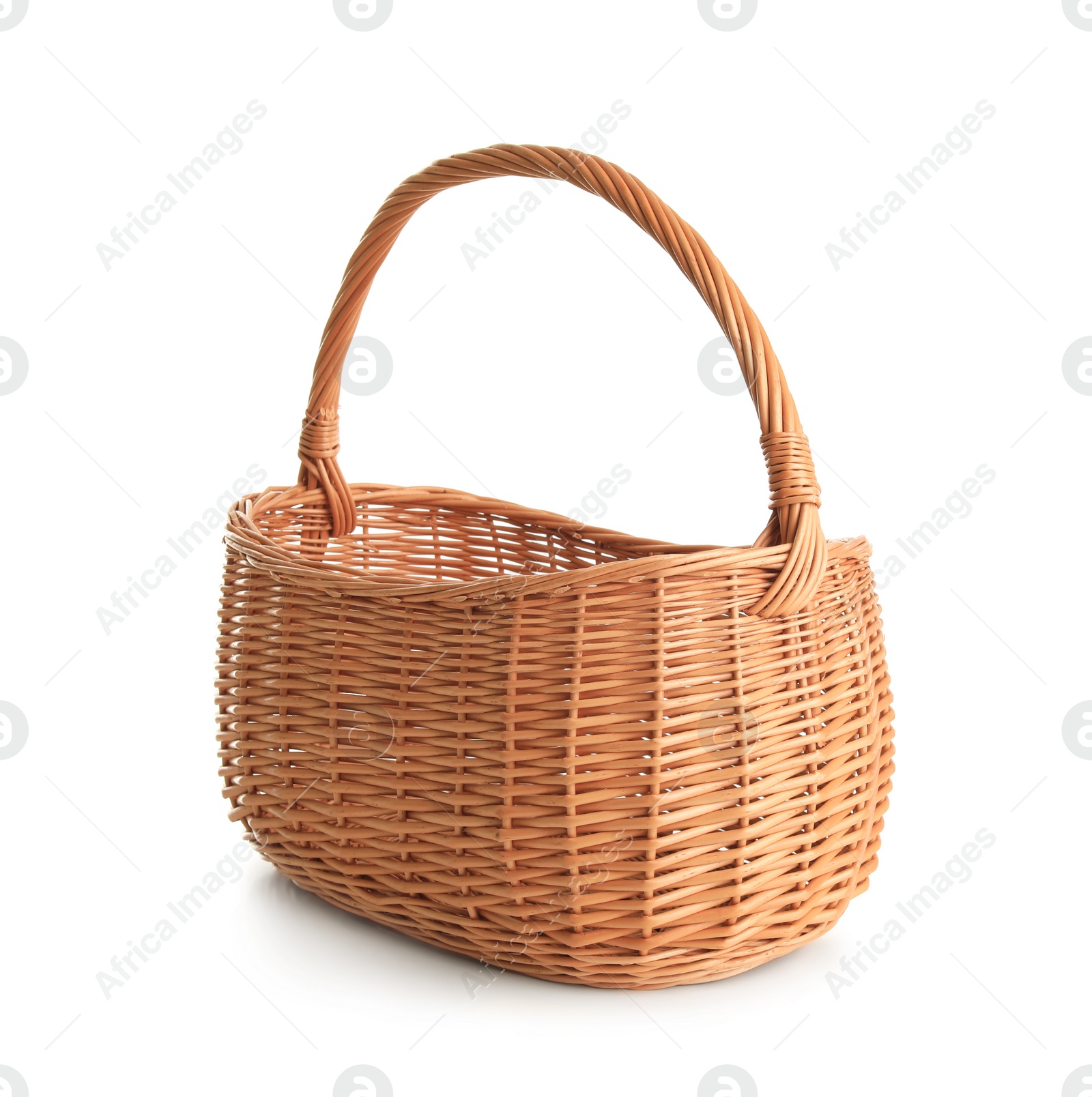 Photo of Empty wicker picnic basket isolated on white