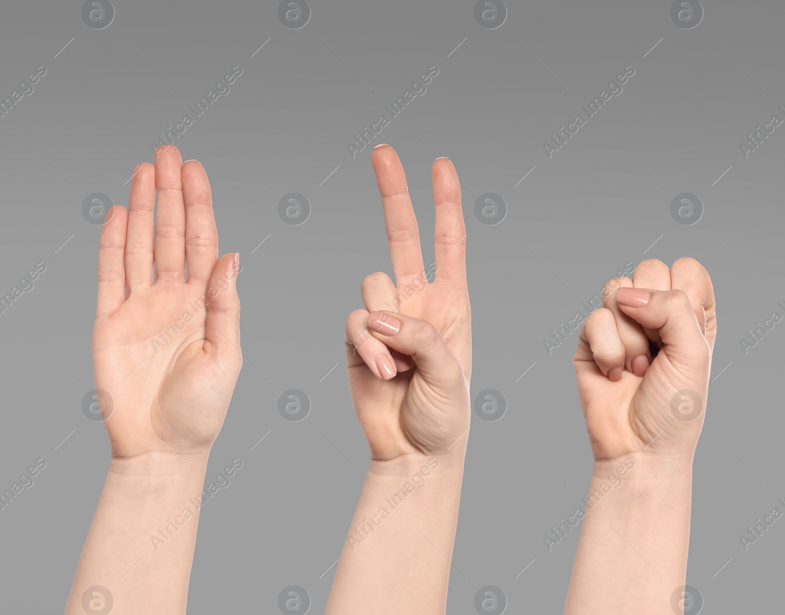 Image of People playing rock, paper and scissors on grey background, closeup