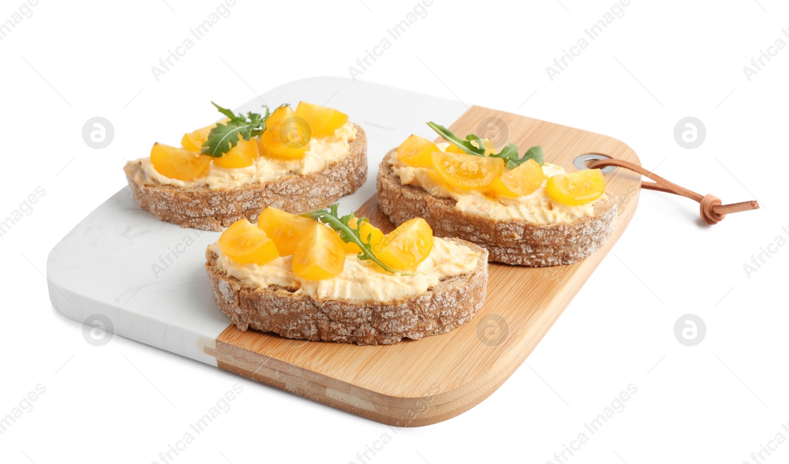 Photo of Tasty fresh tomato bruschettas on white background