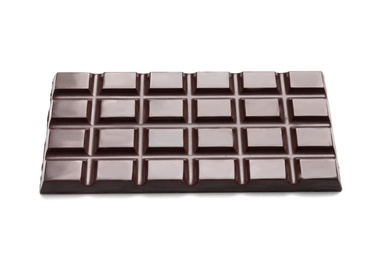 Tasty dark chocolate bar on white background