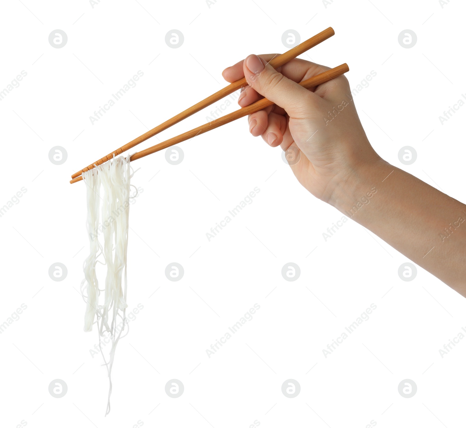 Photo of Woman holding chopsticks with tasty cooked rice noodles on white background, closeup